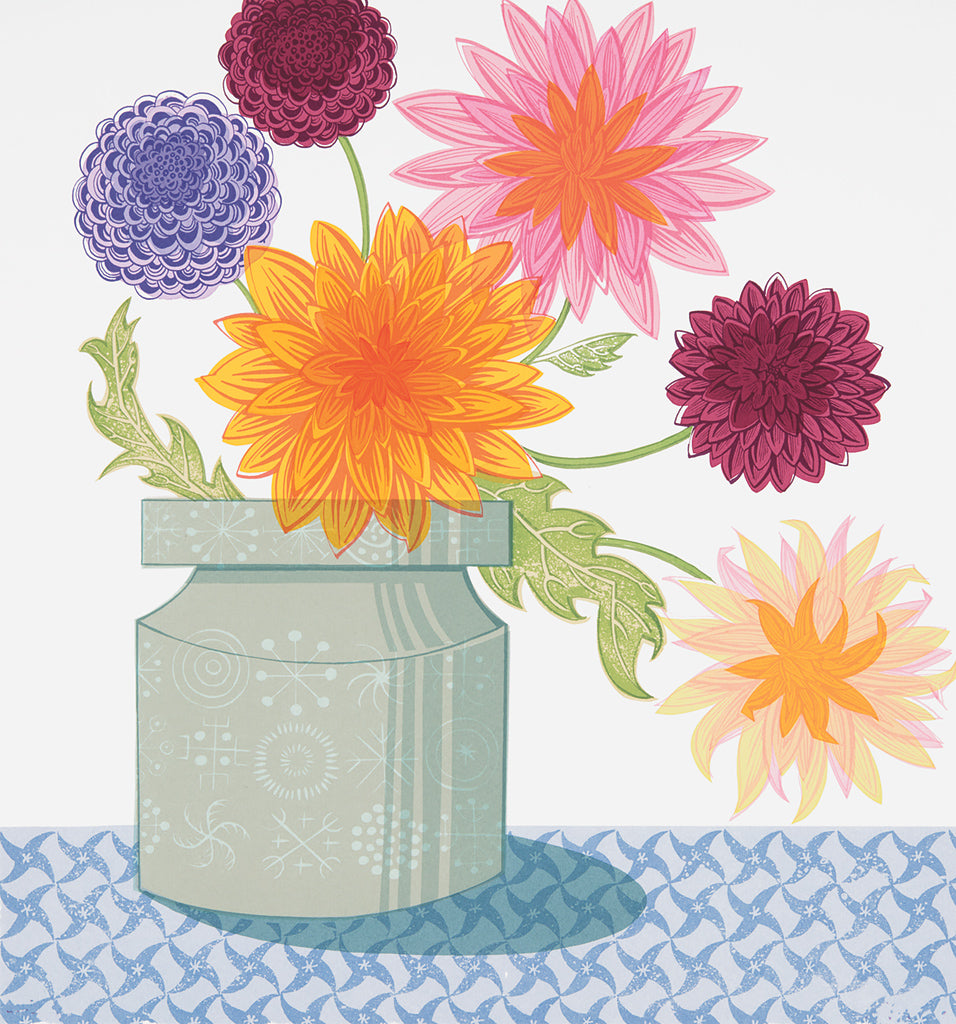 Dahlias and Totem, screenprint by Angie Lewin