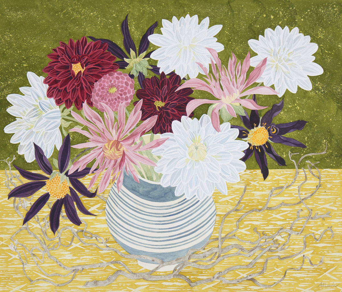 Dahlias in a Striped Cup – watercolour by Angie Lewin