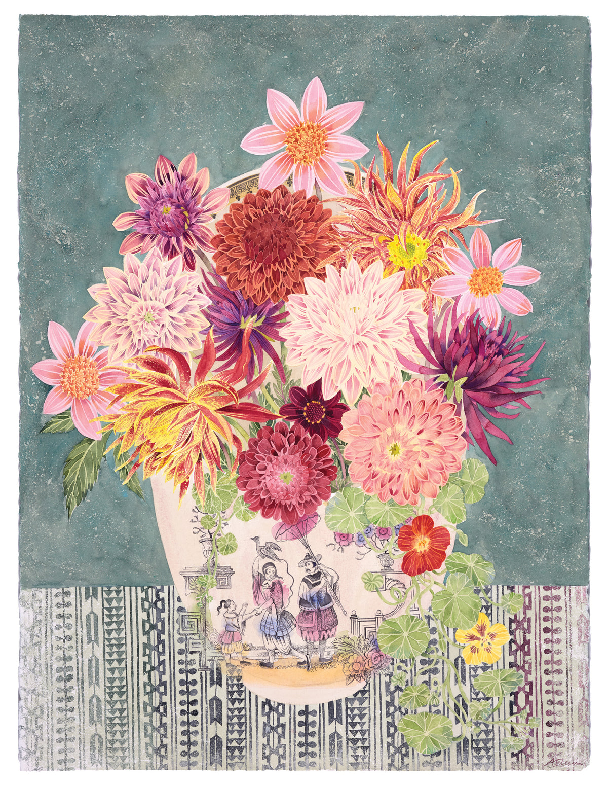 Dahlias in the Mysterious Bowl – watercolour by Angie Lewin