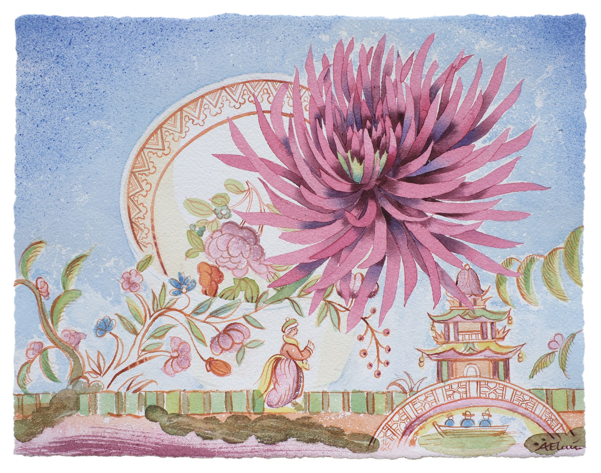 Dark Dahlia and Teabowl – watercolour by Angie Lewin
