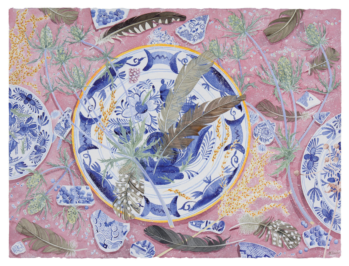Delft Blue with Sea Holly and Feathers – watercolour by Angie Lewin