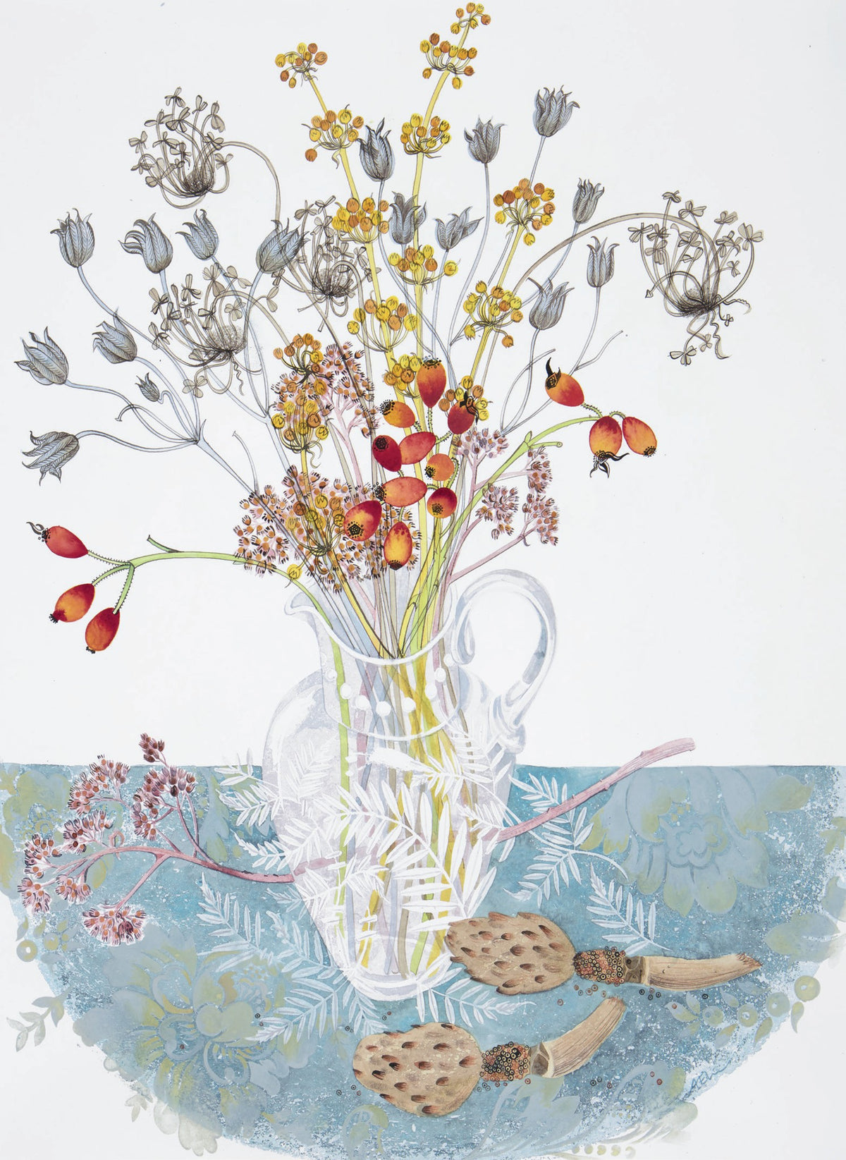 Fern Jug with Rosehips – watercolour by Angie Lewin