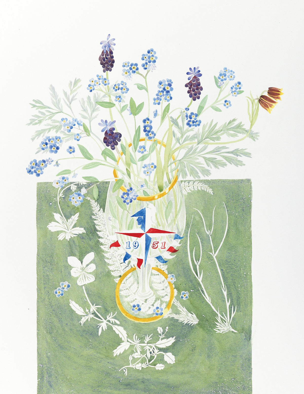 Festival of Britain Glass with Spring Flowers – watercolour by Angie Lewin