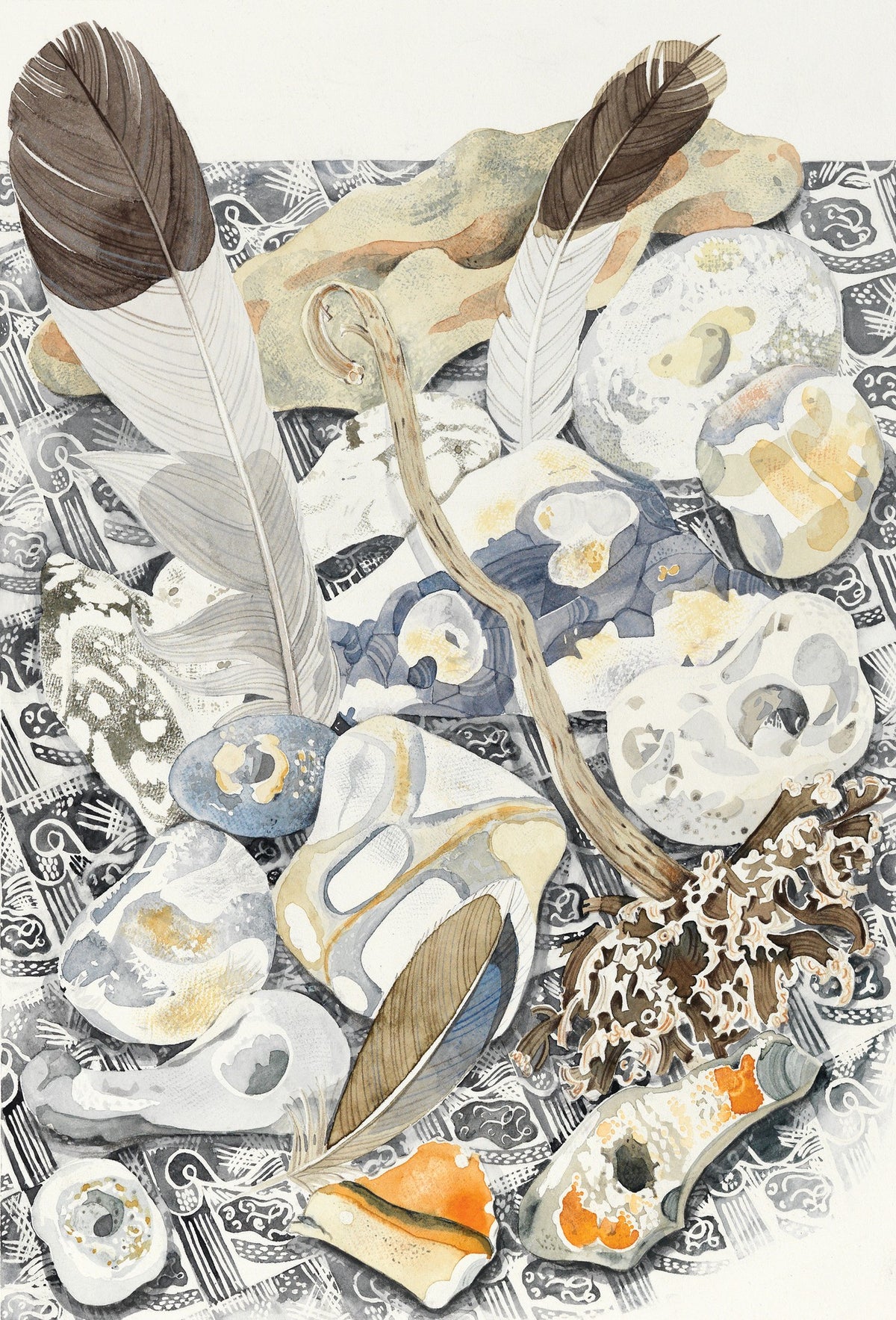 Flints and Feathers – watercolour by Angie Lewin