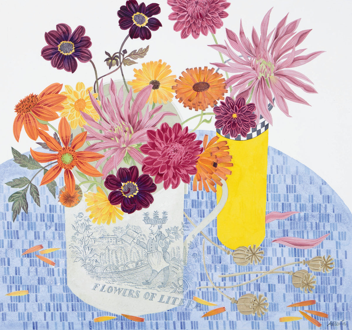 ‘Flowers Of Literature’ with Dahlias – watercolour by Angie Lewin