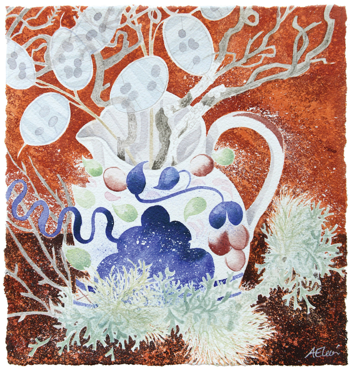 Gaudy Welsh Jug with Honesty and Lichen – watercolour by Angie Lewin