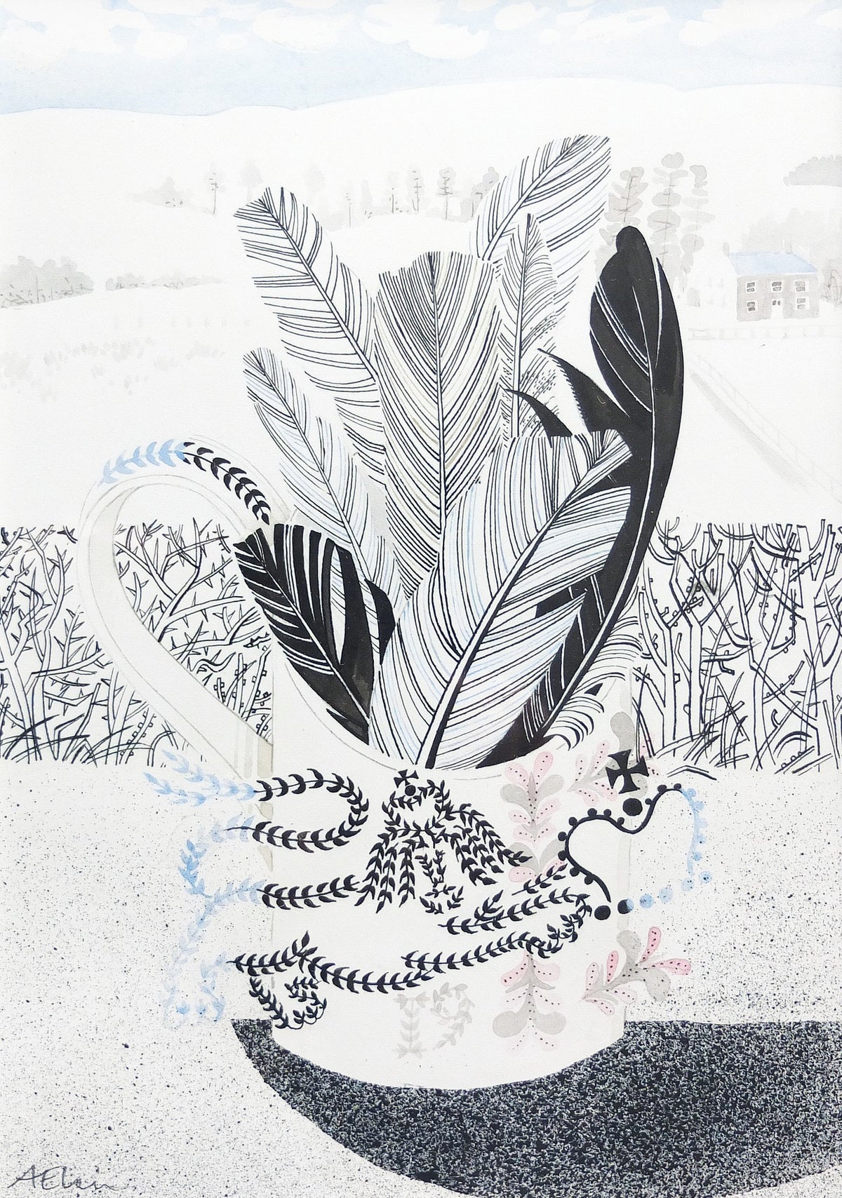 Guyatt Mug with Feathers – watercolour by Angie Lewin