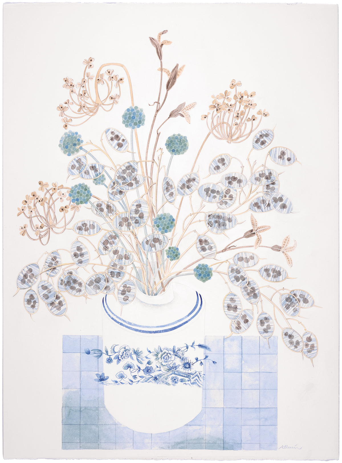 Honesty, Echinops and Alliums – watercolour by Angie Lewin