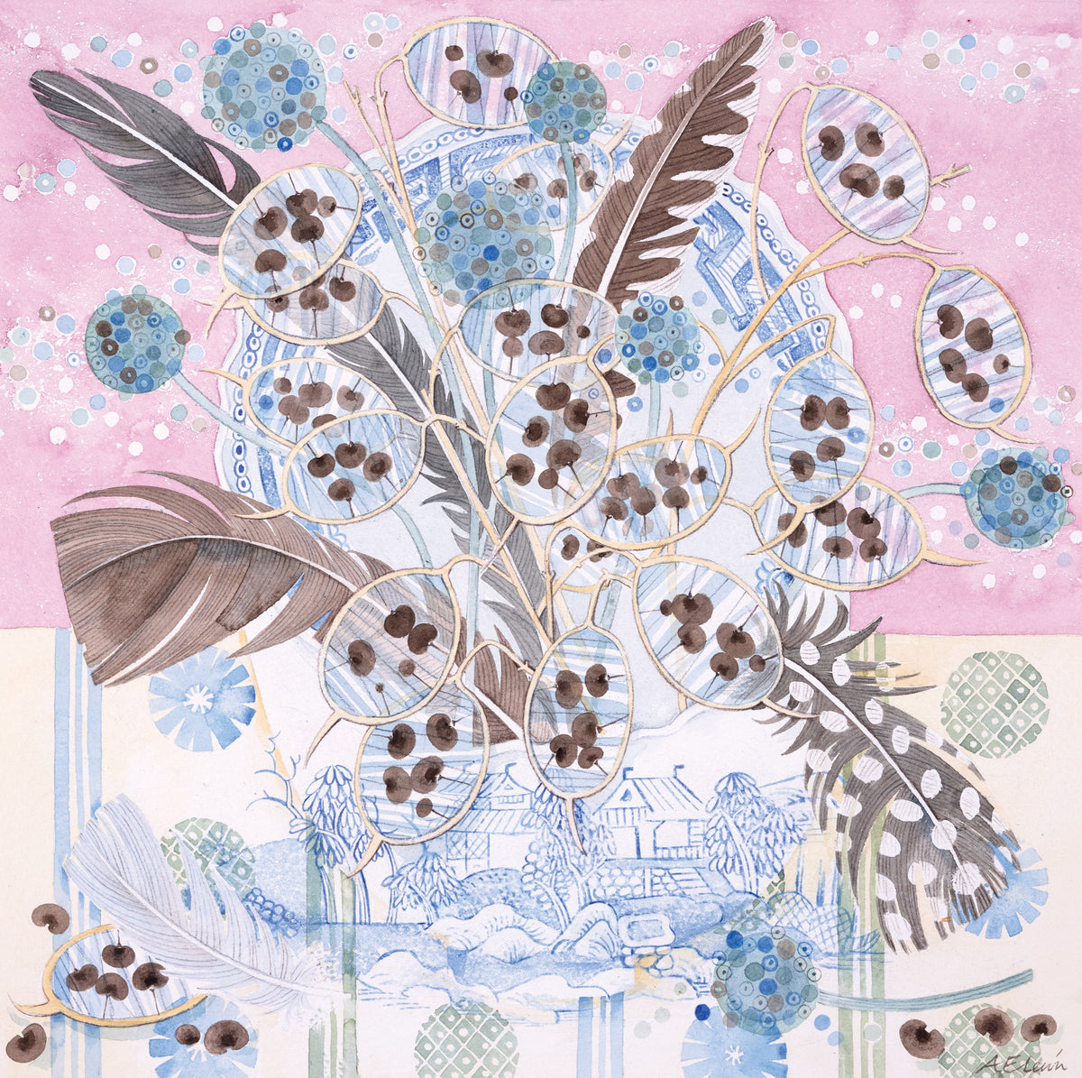 Honesty and Feathers, Blue Landscape – watercolour by Angie Lewin