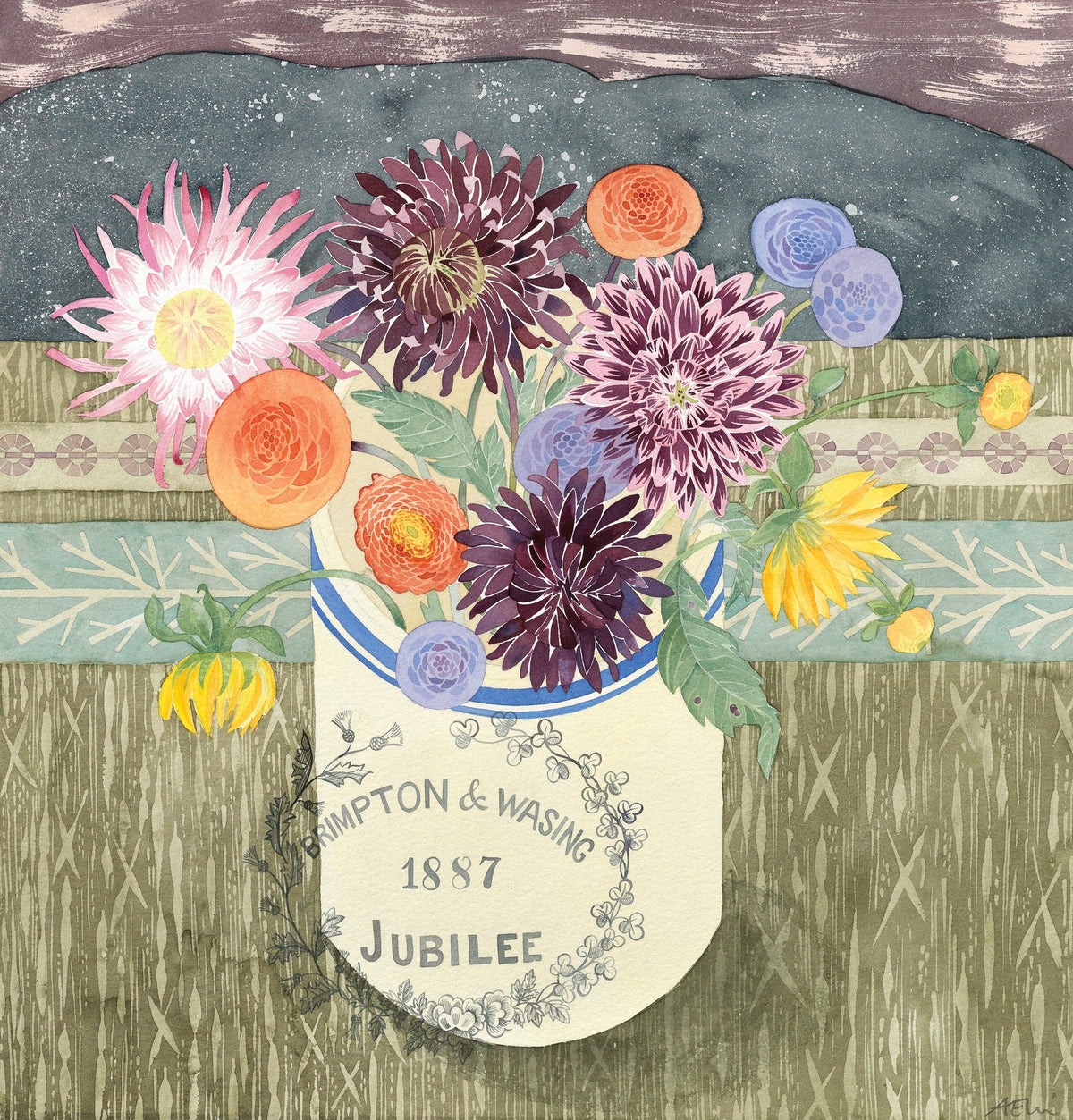 Jubilee Mug with Dahlias – watercolour by Angie Lewin