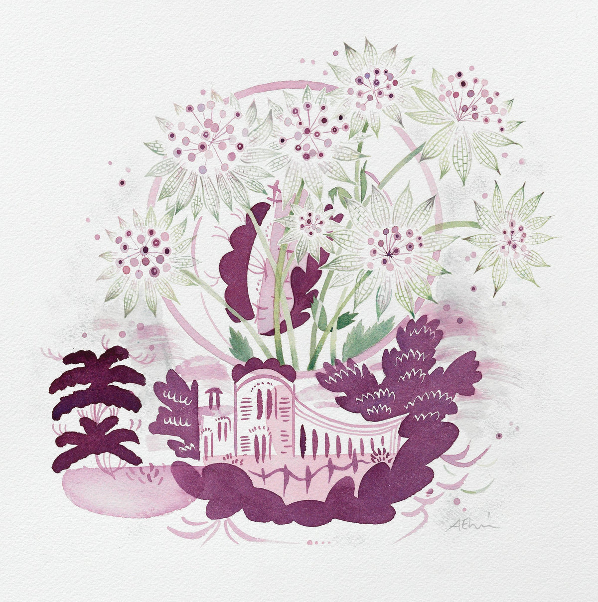 Lustreware Cup with Astrantia – watercolour by Angie Lewin