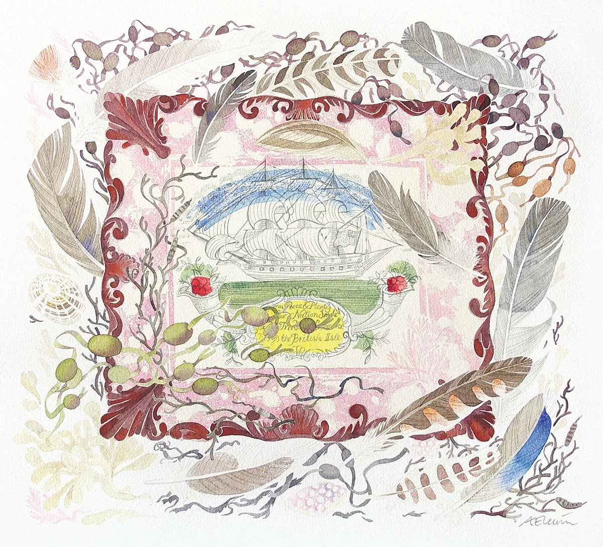 Lustreware Ship with Feathers – watercolour by Angie Lewin