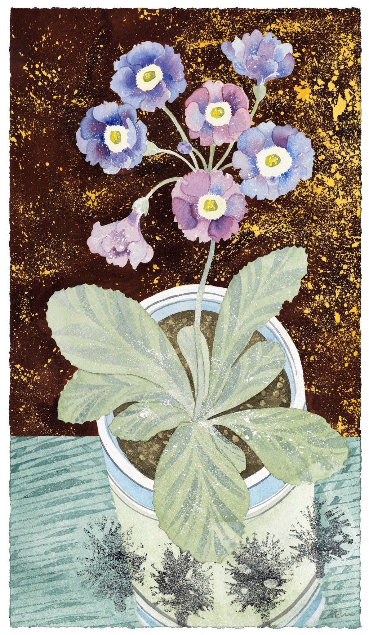 McWatt’s Blue in Mochaware Cup – watercolour by Angie Lewin