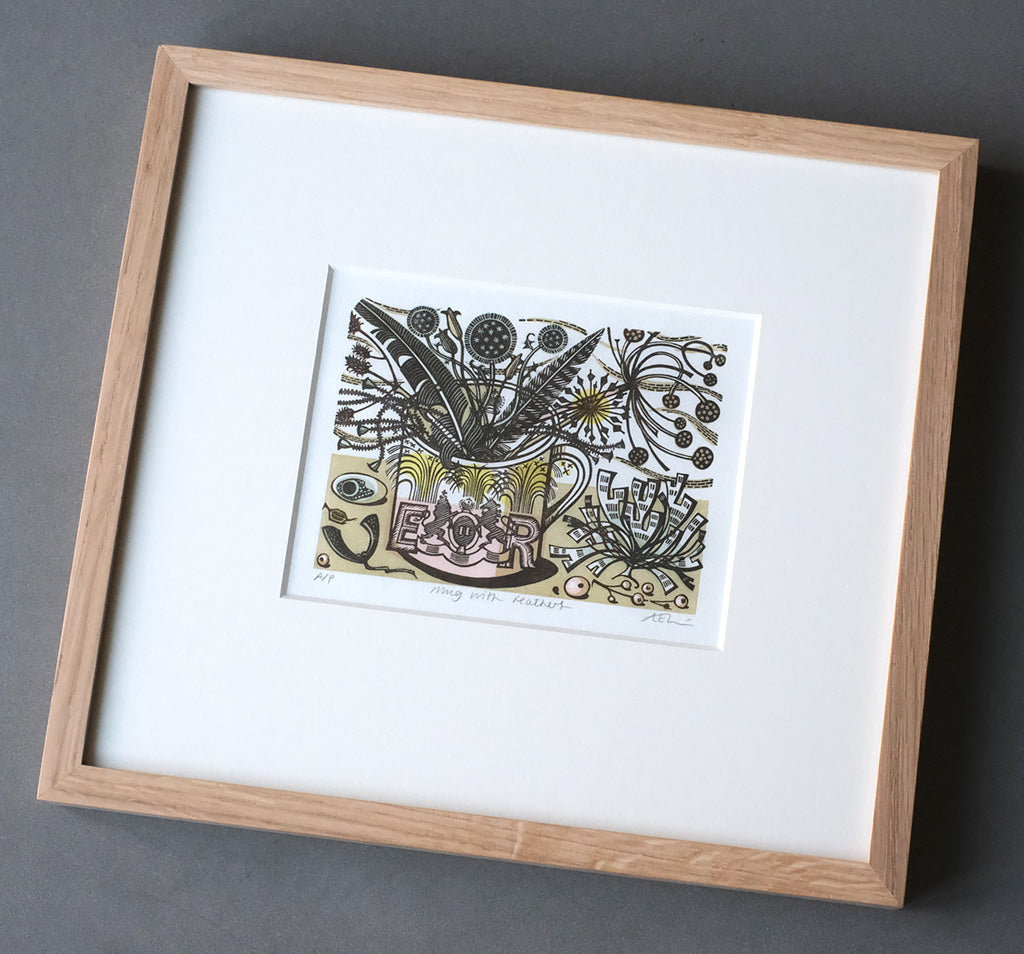 Mug with Feathers - framed - A/P - Angie Lewin - printmaker and painter
