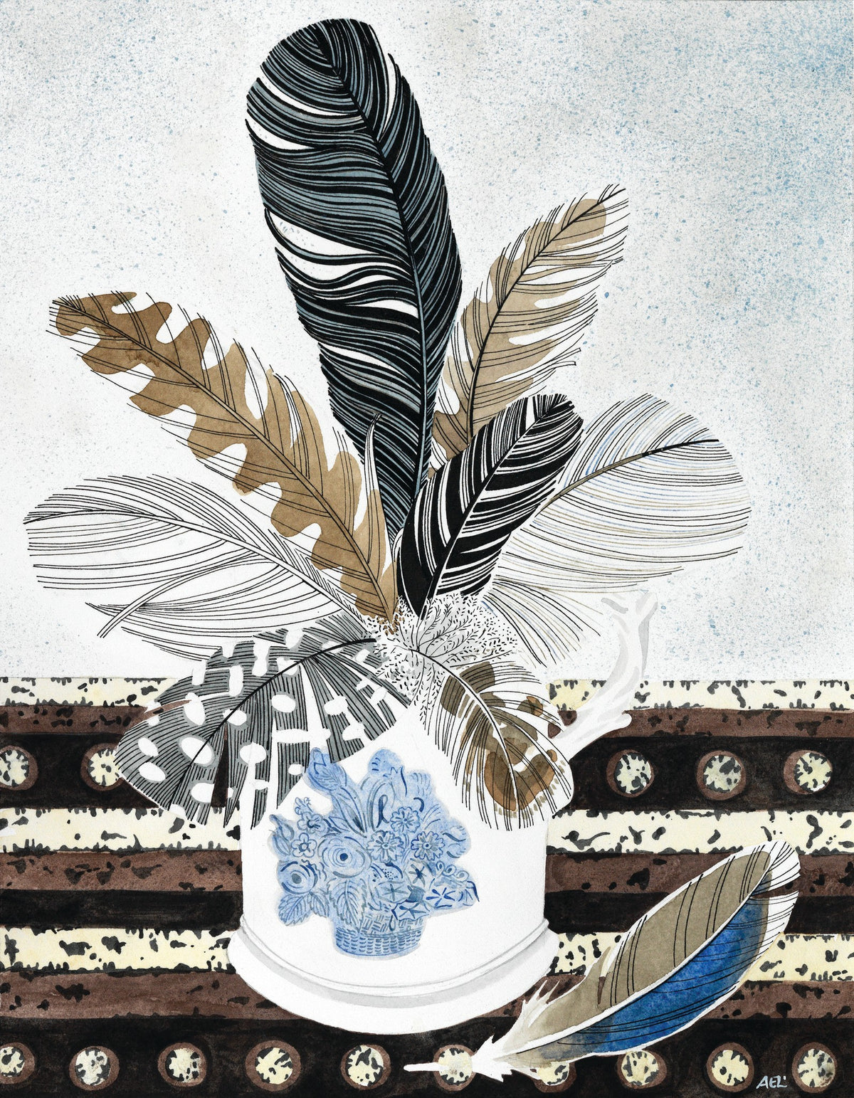 New Town Cup with Feathers – watercolour by Angie Lewin