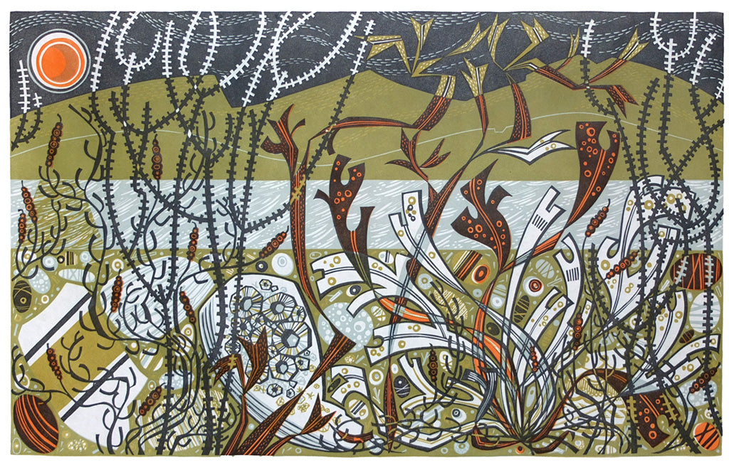 Northern Shore, linocut by Angie Lewin