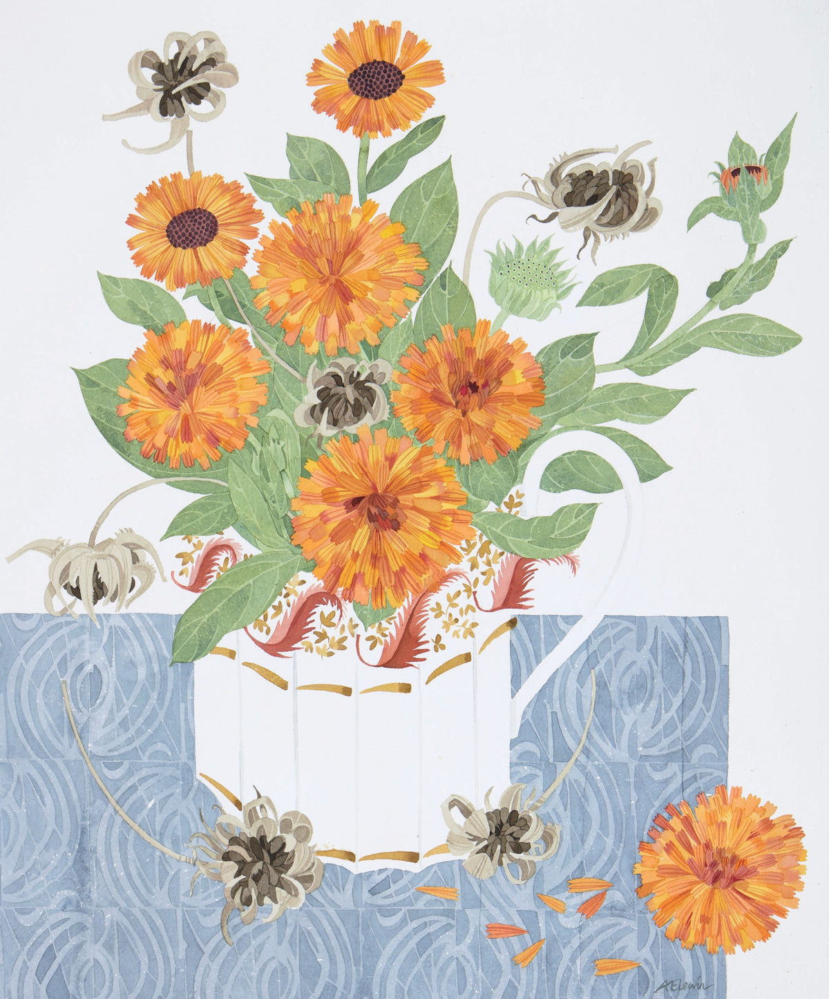 November, Last of the Marigolds – watercolour by Angie Lewin