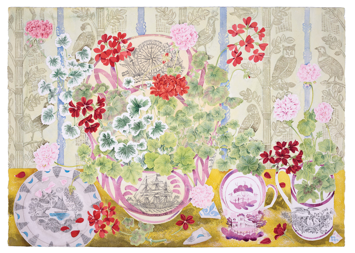 Pelargoniums, Lustreware and Birds – watercolour by Angie Lewin