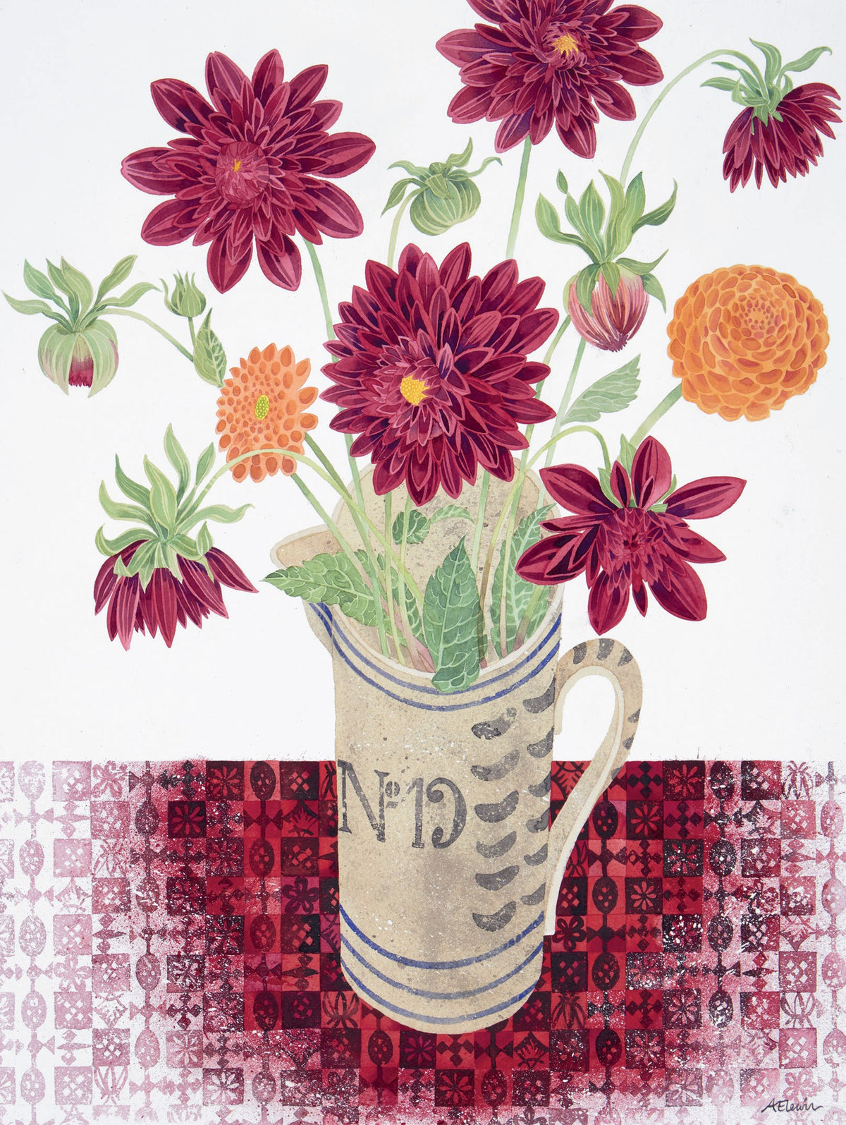 Red Dahlias, No.19 Jug – watercolour by Angie Lewin