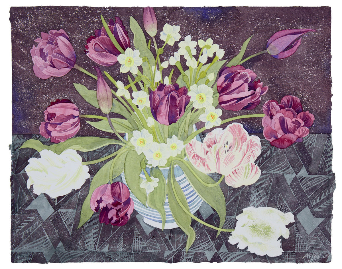Sandler Mug with Tulips and Narcissi – watercolour by Angie Lewin