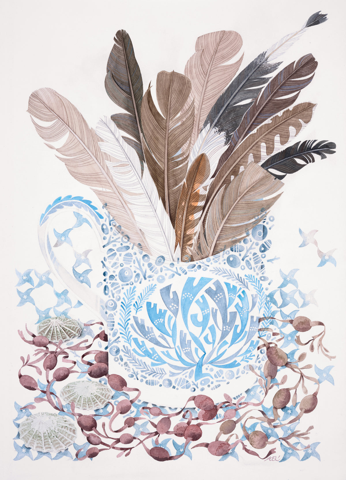 ‘Seaweed Shore’ with Limpets and Feathers – watercolour by Angie Lewin