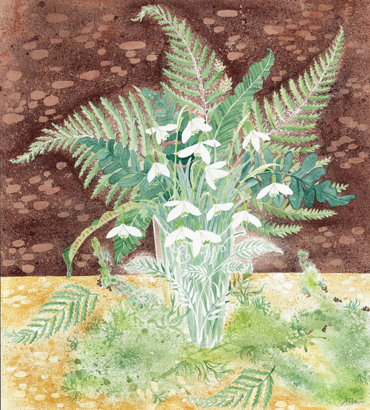 Snowdrops and Ferns – watercolour by Angie Lewin