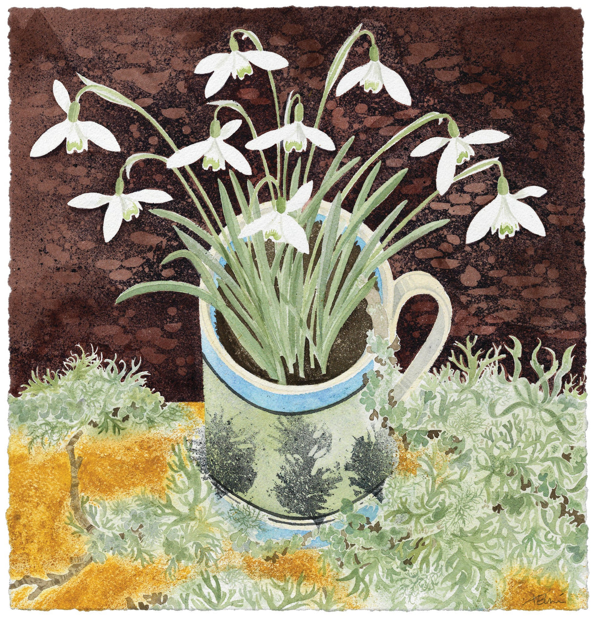 Snowdrops and Lichen – watercolour by Angie Lewin