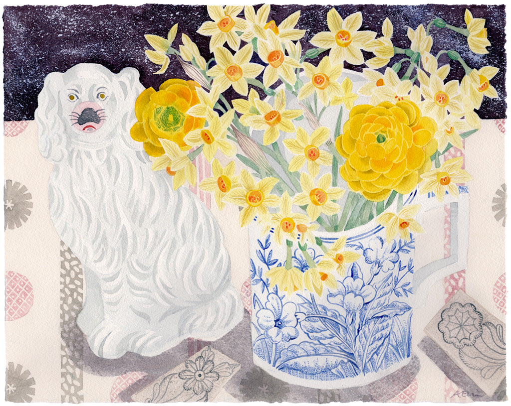 Spey Spring with China Dog - Angie Lewin - printmaker and painter