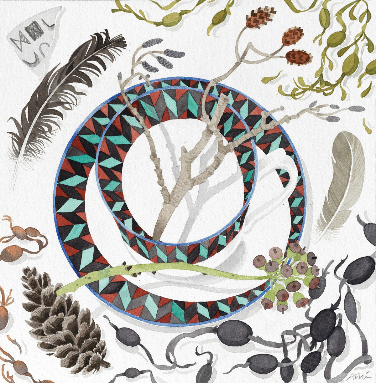 Tea Cup, Catkins, Ivy and Cone – watercolour by Angie Lewin