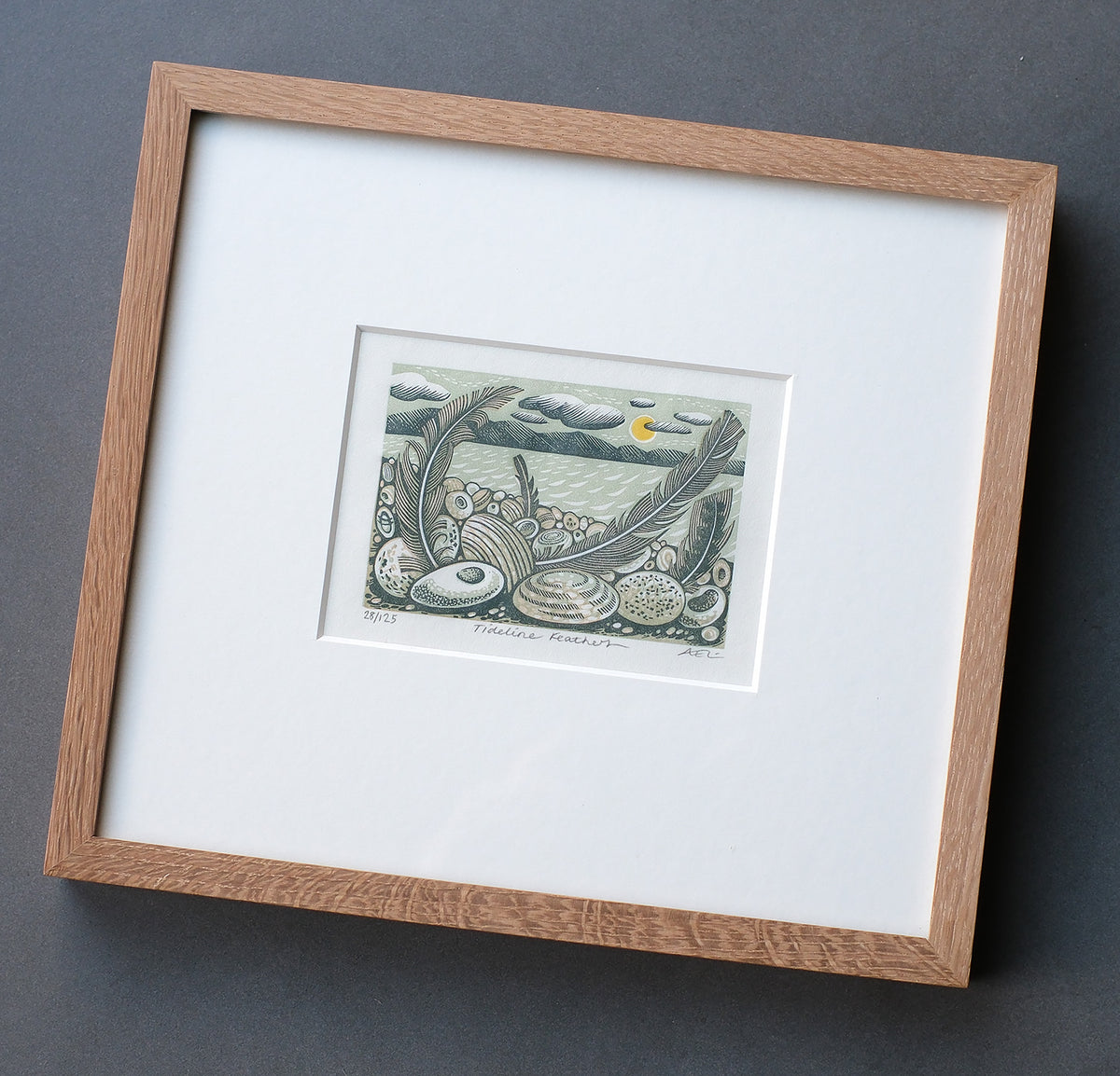 Tideline Feathers - framed - Angie Lewin - printmaker and painter