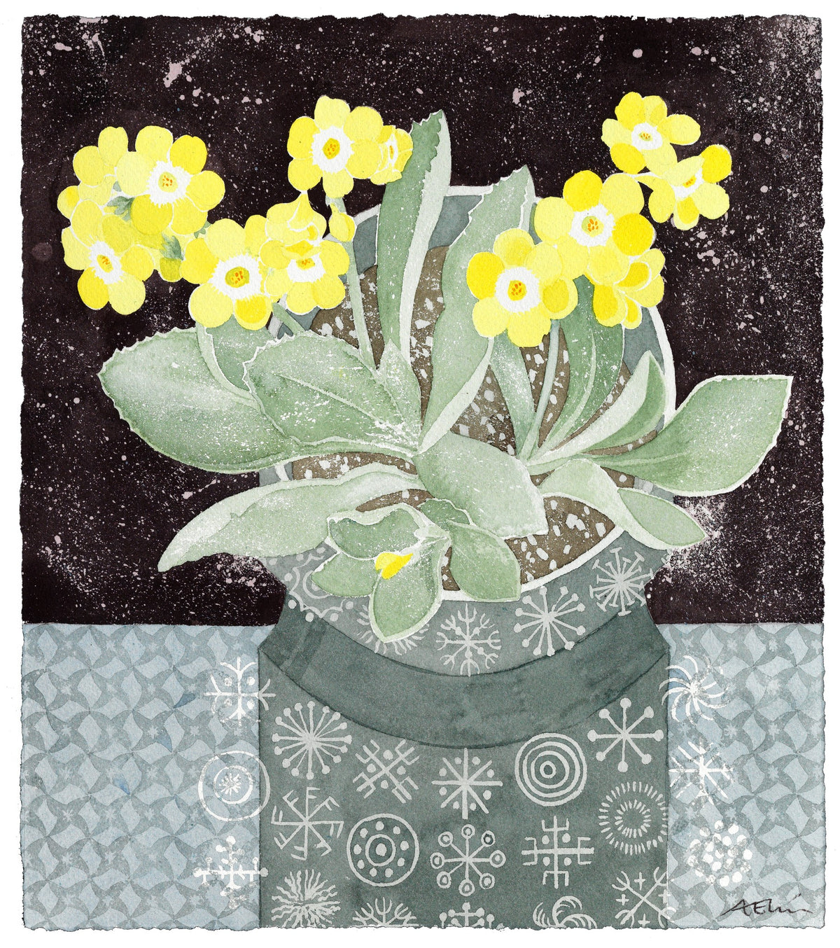 Totem with Yellow Auricula – watercolour by Angie Lewin