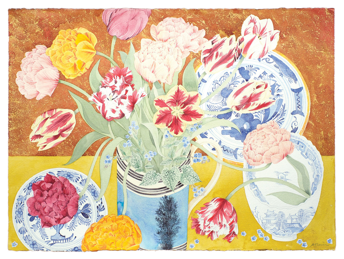 Tulips and Blue China – watercolour by Angie Lewin