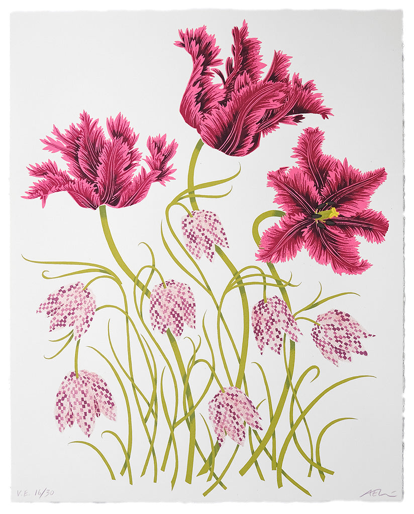 Tulips and Fritillaries 16/30 - Angie Lewin - printmaker and painter