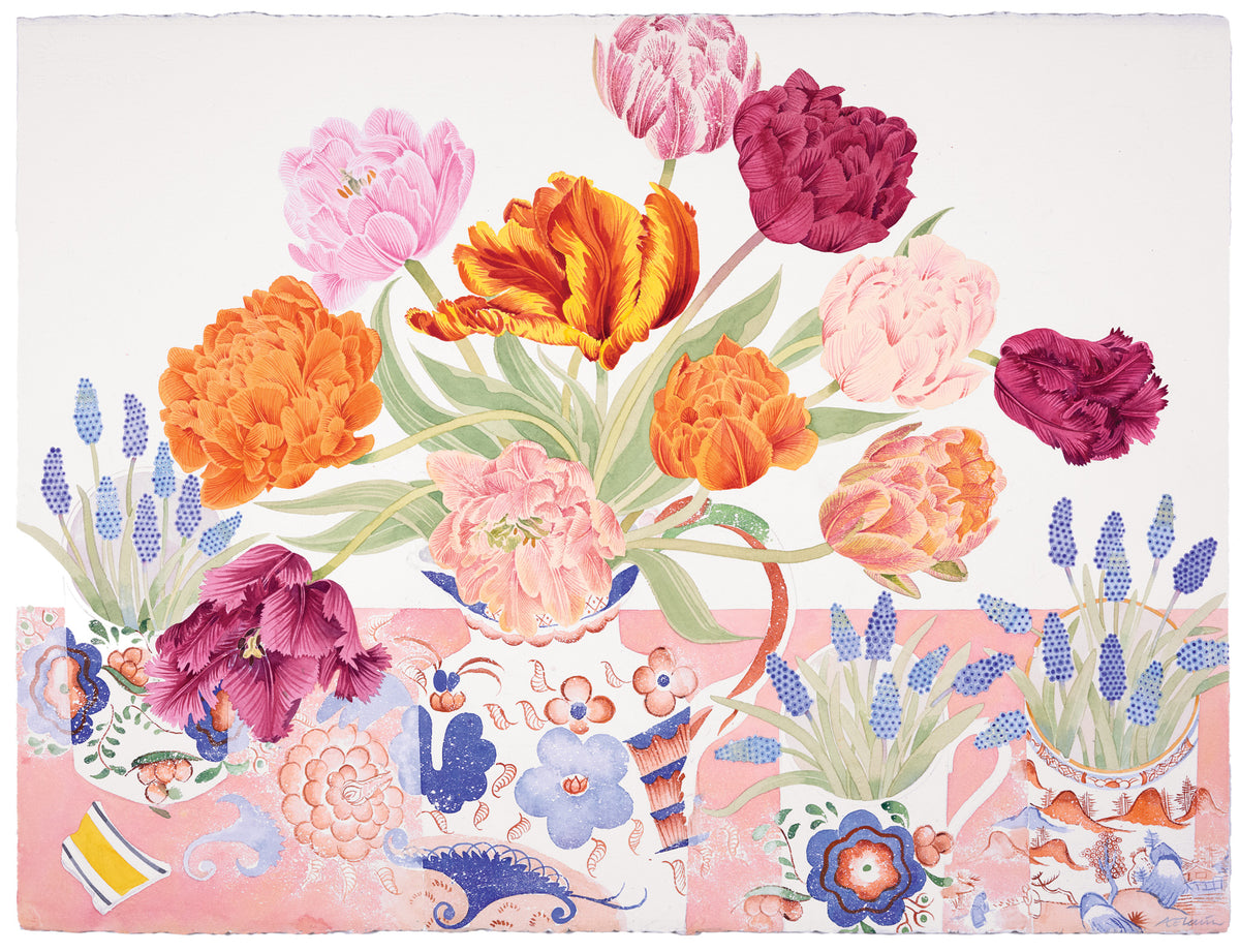 Tulips and Spring Blues – watercolour by Angie Lewin