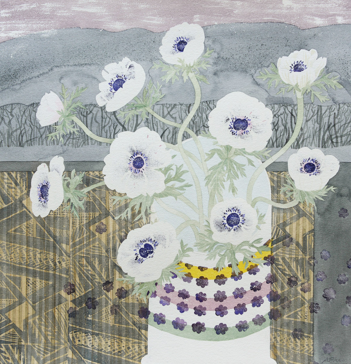 White Anemone, Winter Hedgerow – watercolour by Angie Lewin