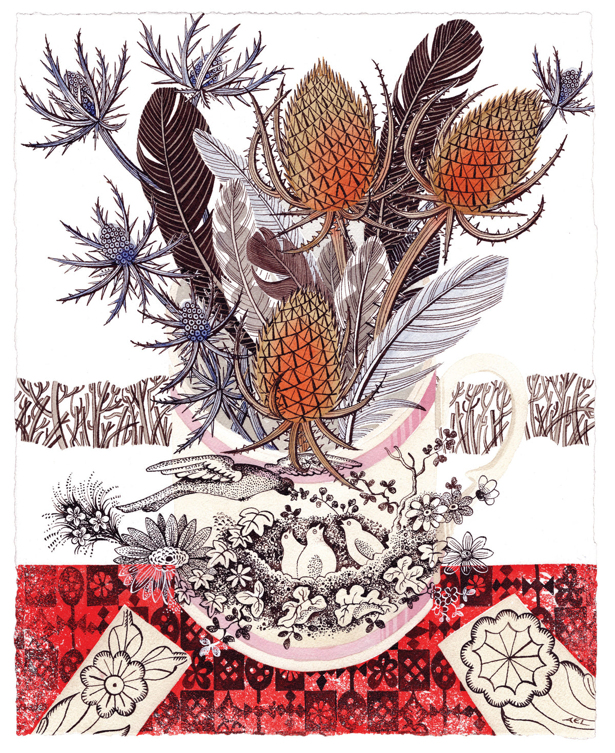Winter Bird Cup and Teasels – pen, ink and watercolour by Angie Lewin