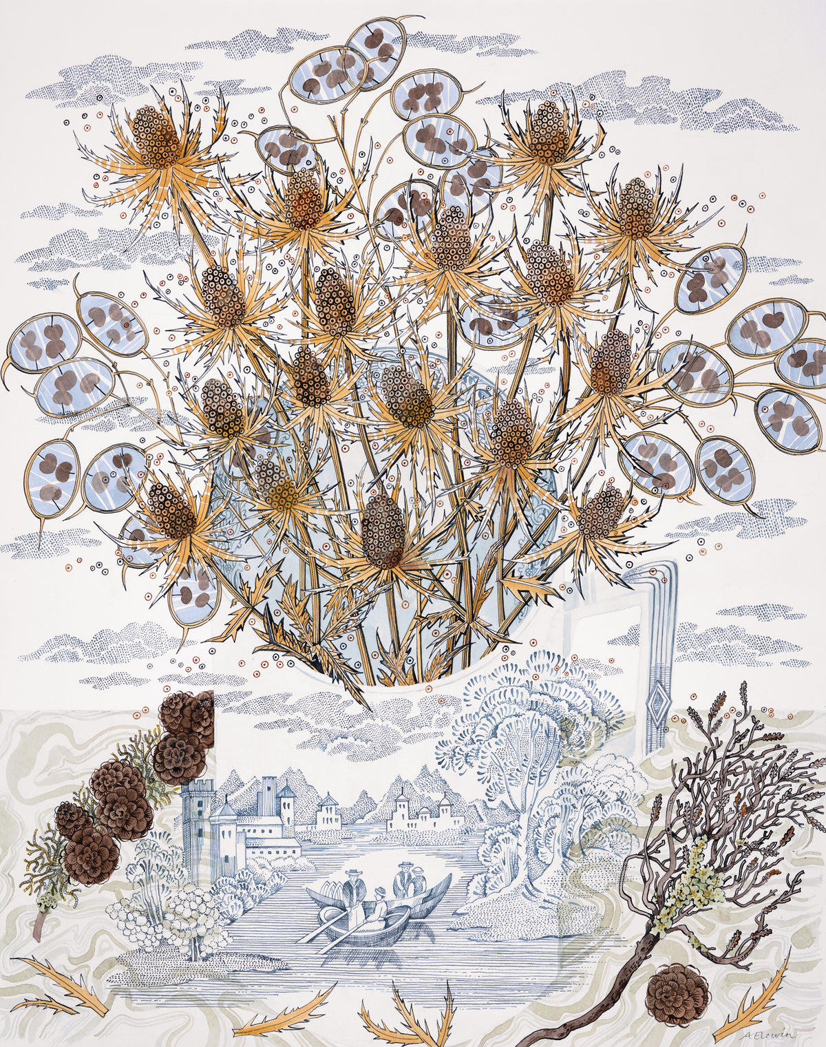 Winter Sea Holly and Honesty – pen, ink and watercolour by Angie Lewin