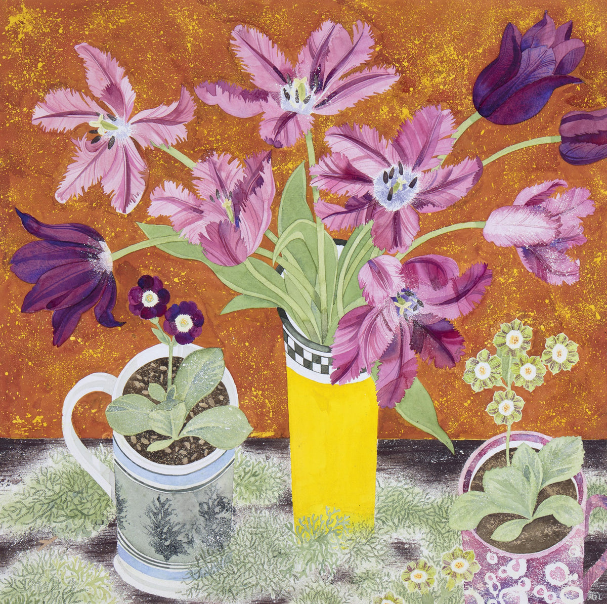 Yellow Pot with Tulips and Auriculas – watercolour by Angie Lewin