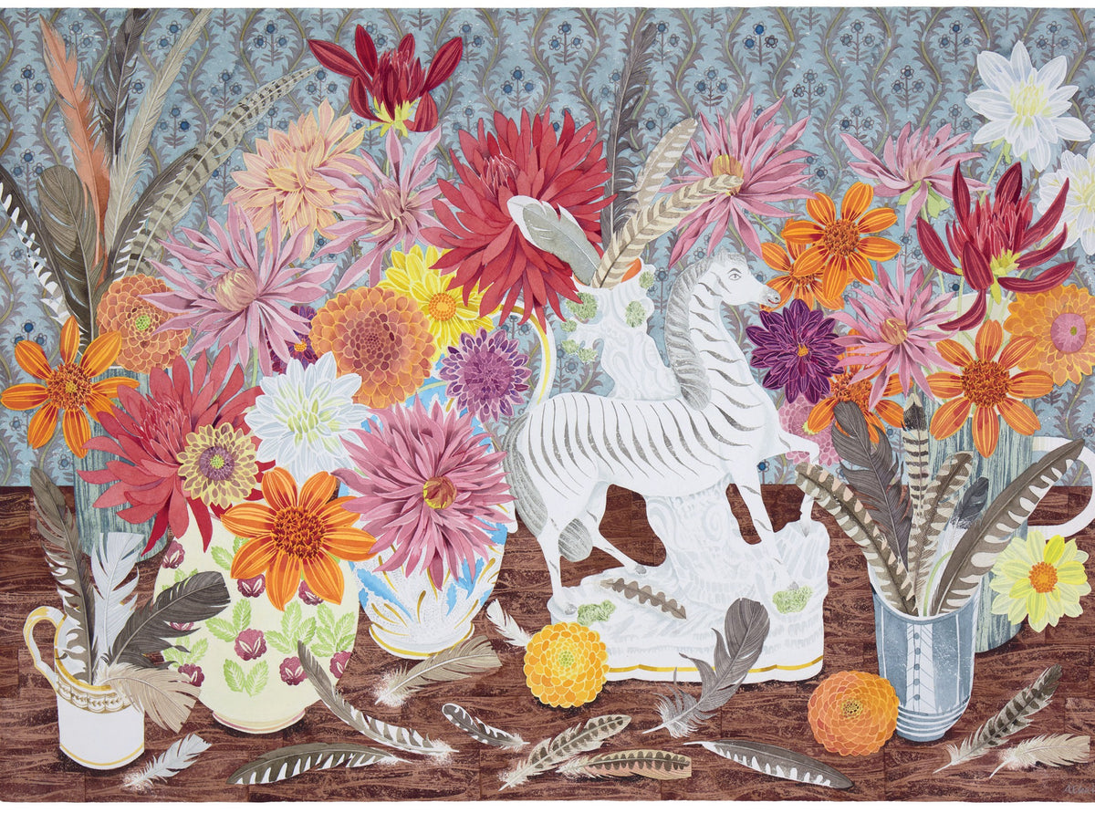 Zebra, Dahlias and Feathers – watercolour by Angie Lewin