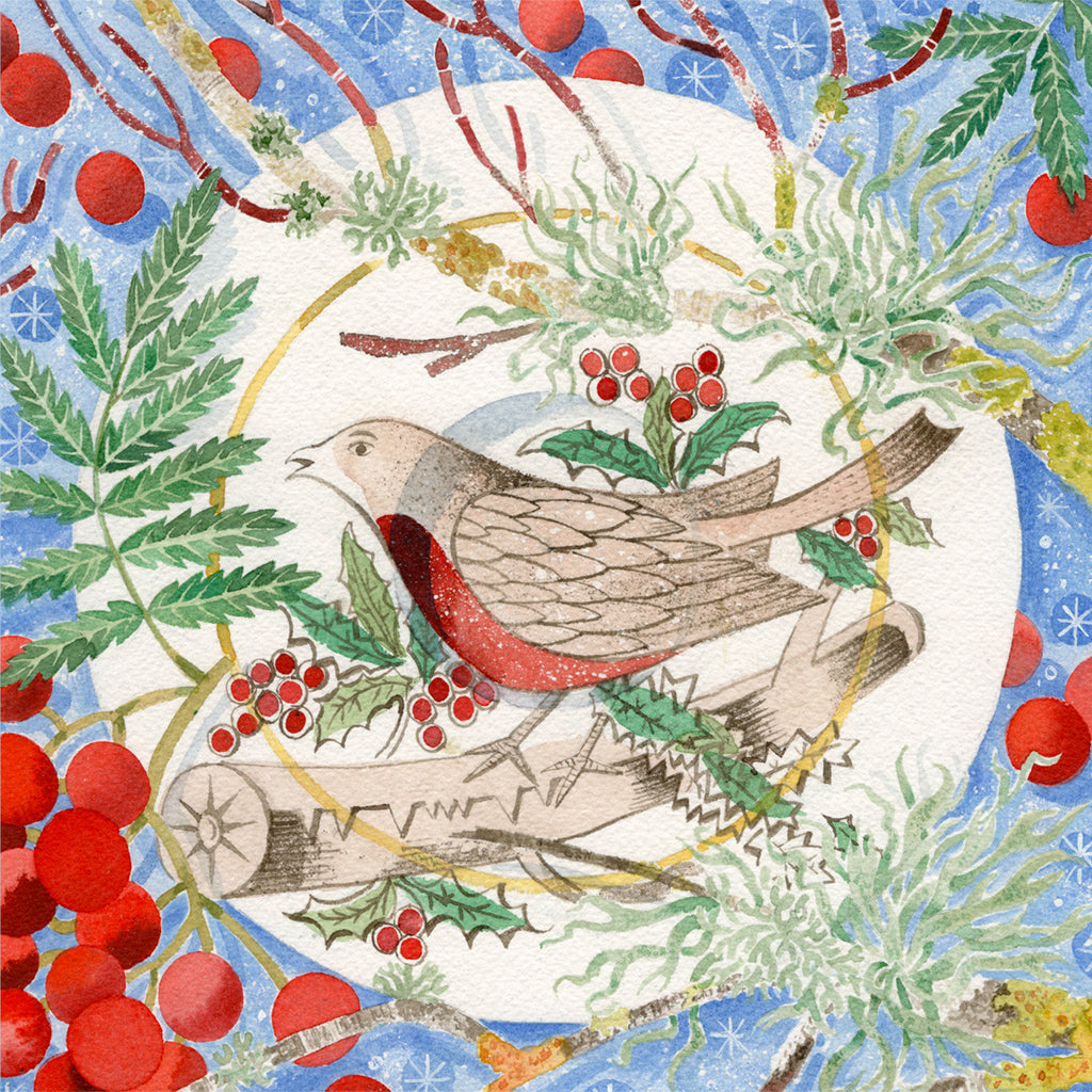 Winter Bird and Berries Christmas Card - Angie Lewin - printmaker and painter
