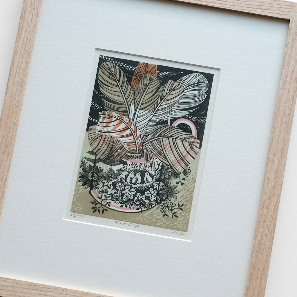 Bird Cup - framed - 42/125 - Angie Lewin - printmaker and painter