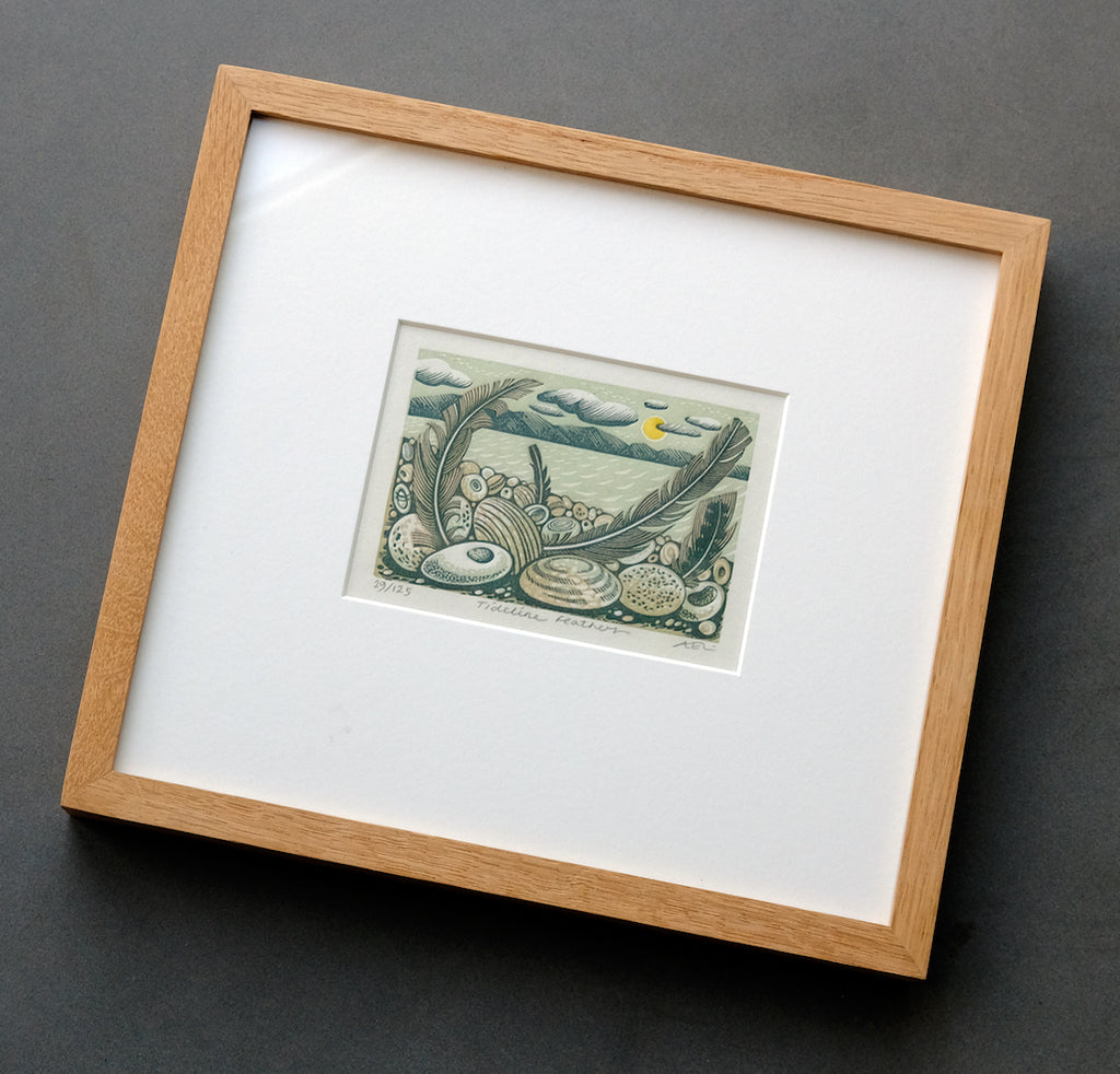 Tideline Feathers - framed - Angie Lewin - printmaker and painter