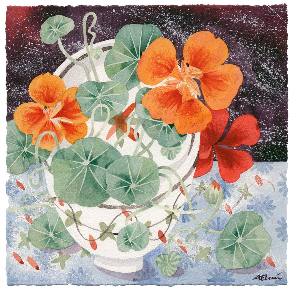 Nasturtiums and Teabowl - Angie Lewin - printmaker and painter