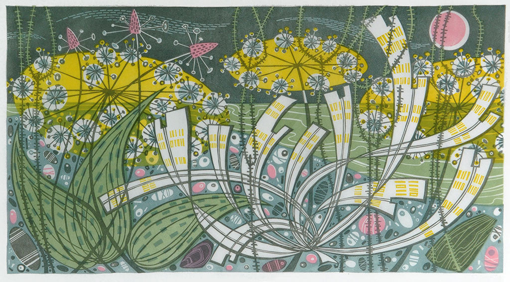 Alexanders, Aldeburgh, linocut by Angie Lewin