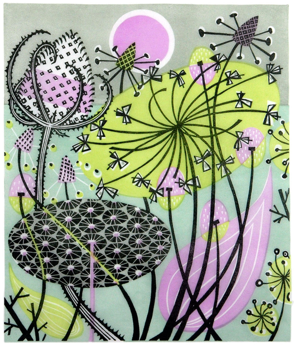 Alliums, linocut by Angie Lewin