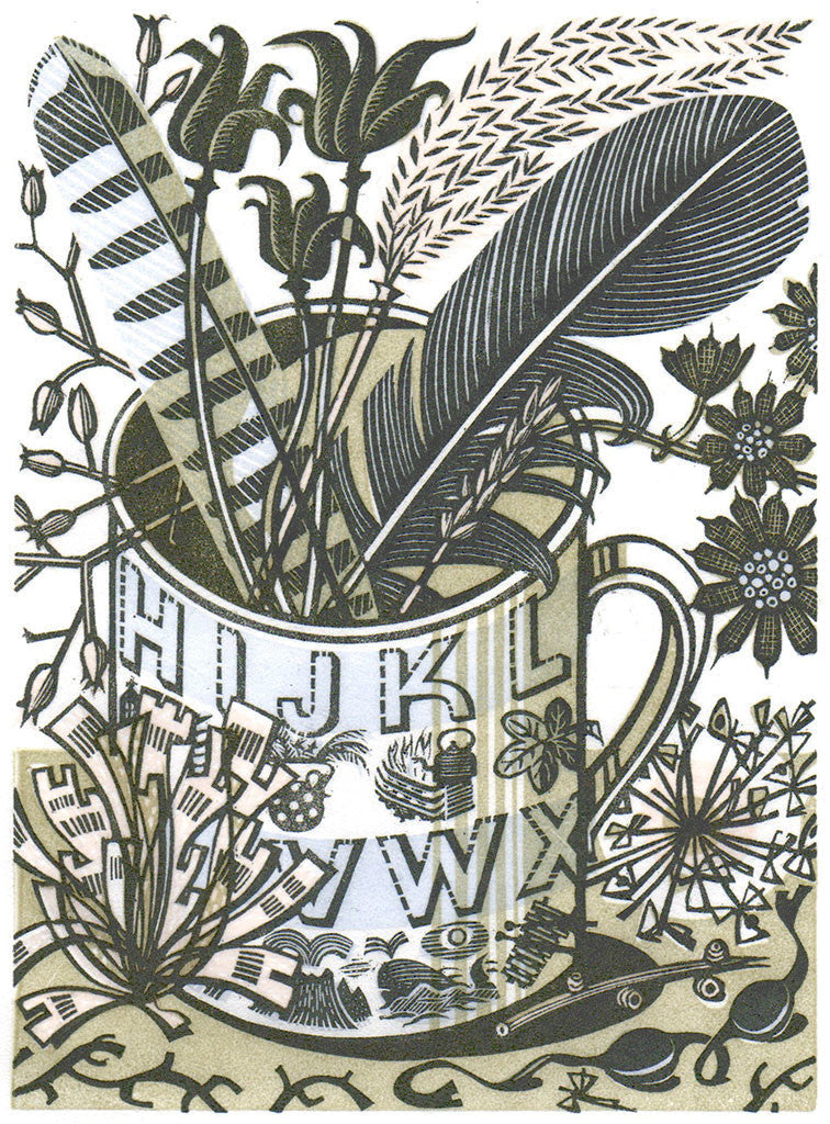Alphabet and Feathers, wood engraving by Angie Lewin