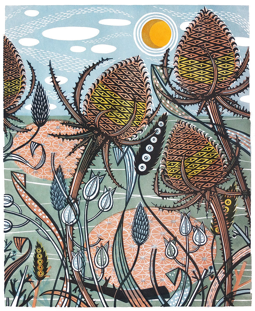 Autumn Teasels, linocut by Angie Lewin