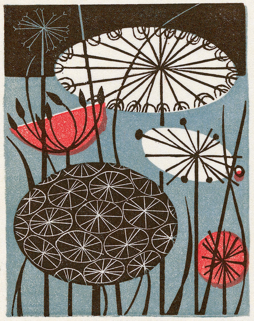 Clocks, wood engraving by Angie Lewin