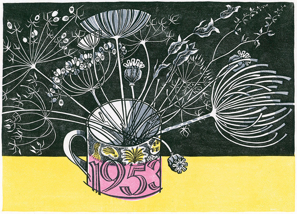 Coronation Mug, wood engraving by Angie Lewin