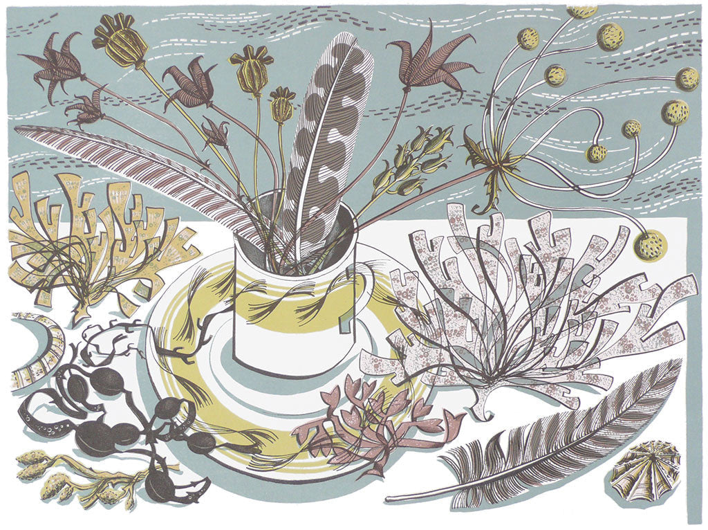 Cup, Feathers & Seaweed, lithograph by Angie Lewin